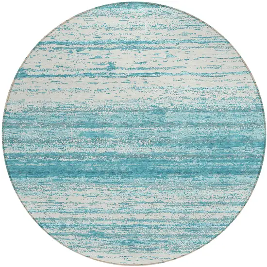 8' Teal Blue And Ivory Round Striped Washable Indoor Outdoor Area Rug Photo 2