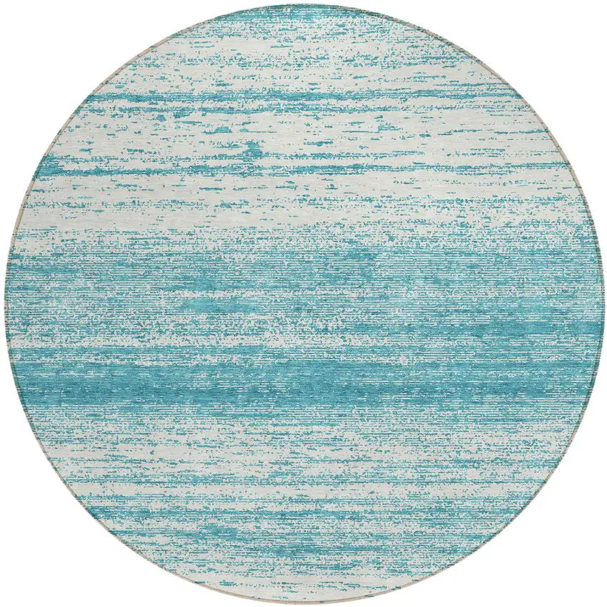 8' Teal Blue And Ivory Round Striped Washable Indoor Outdoor Area Rug Photo 2