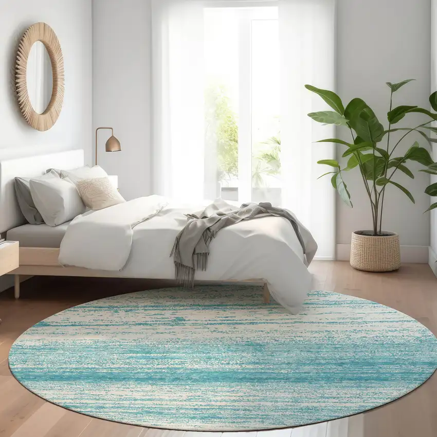 8' Teal Blue And Ivory Round Striped Washable Indoor Outdoor Area Rug Photo 7
