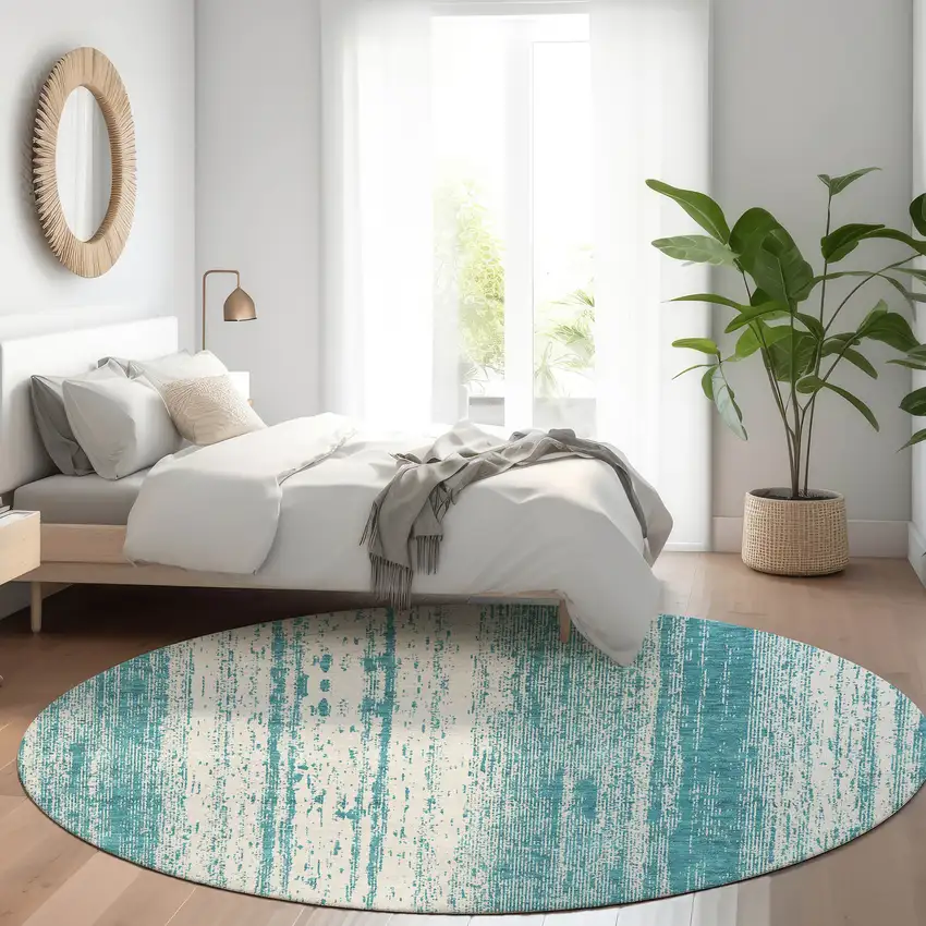 8' Teal Blue And Ivory Round Striped Washable Indoor Outdoor Area Rug Photo 6