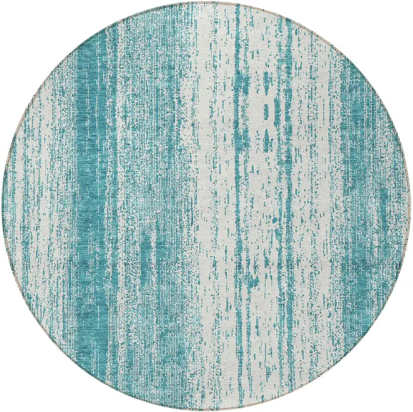 8' Teal Blue And Ivory Round Striped Washable Indoor Outdoor Area Rug Photo 4