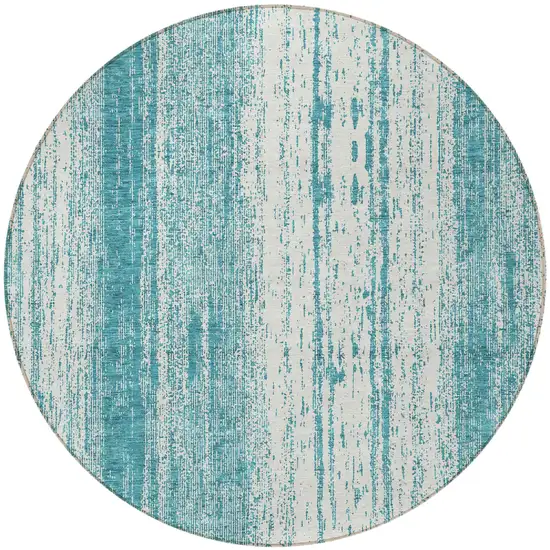 8' Teal Blue And Ivory Round Striped Washable Indoor Outdoor Area Rug Photo 4