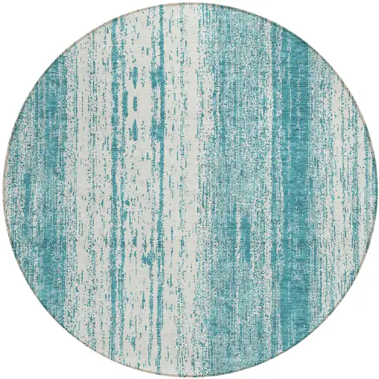 8' Teal Blue And Ivory Round Striped Washable Indoor Outdoor Area Rug Photo 2