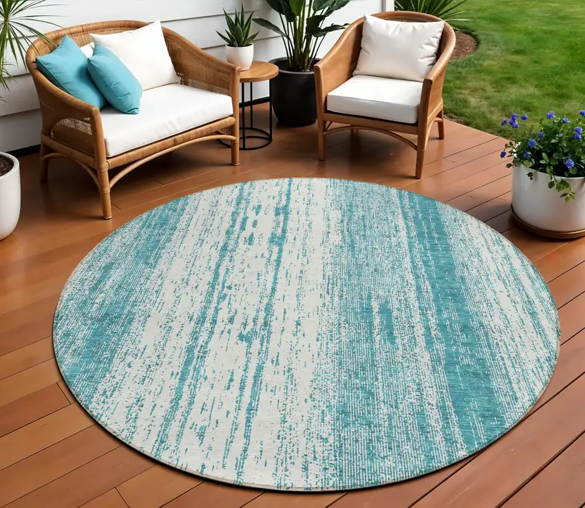 8' Teal Blue And Ivory Round Striped Washable Indoor Outdoor Area Rug Photo 1