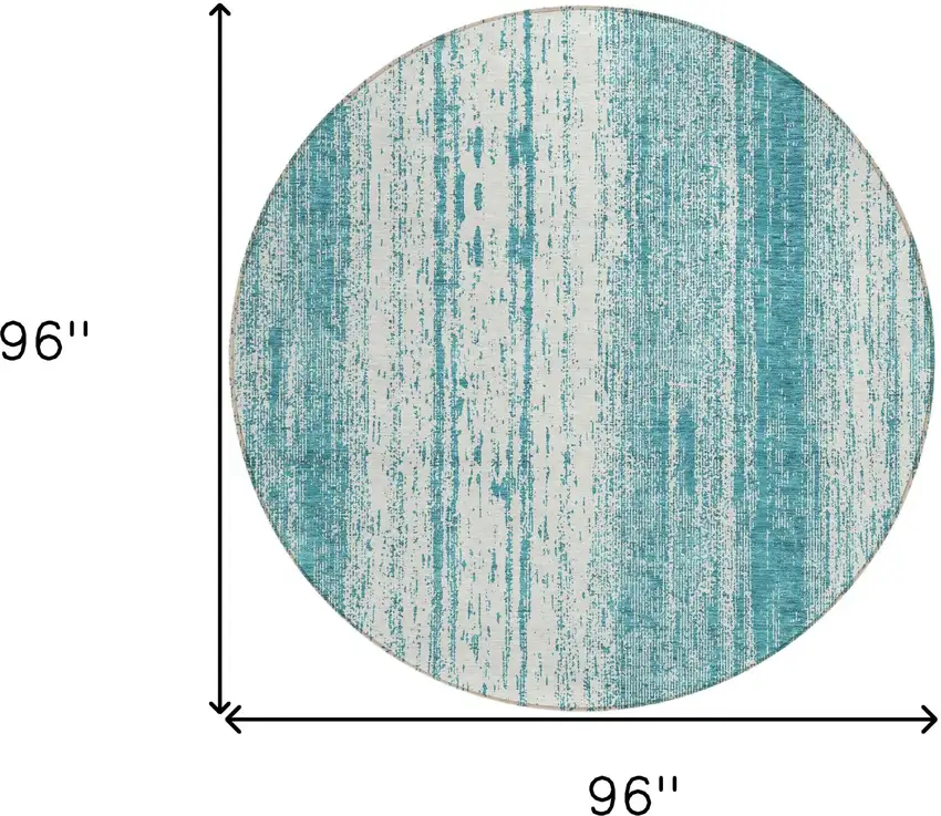 8' Teal Blue And Ivory Round Striped Washable Indoor Outdoor Area Rug Photo 3