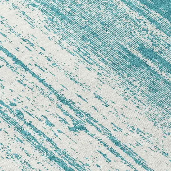 8' Teal Blue And Ivory Round Striped Washable Indoor Outdoor Area Rug Photo 7