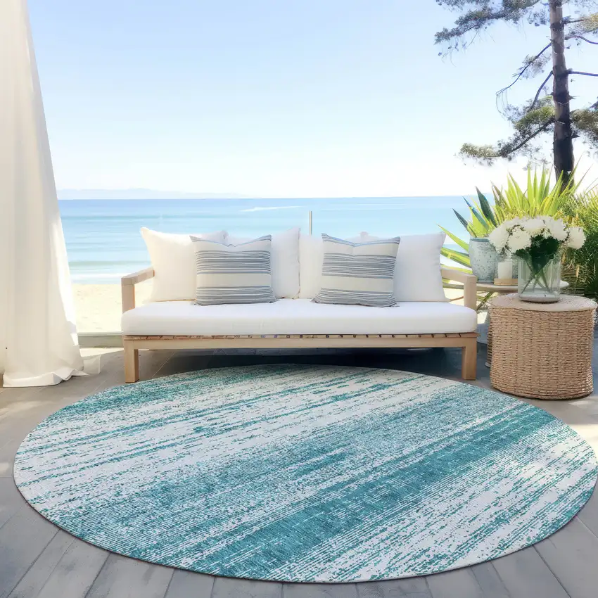 8' Teal Blue And Ivory Round Striped Washable Indoor Outdoor Area Rug Photo 5