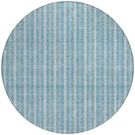8' Teal Blue And Ivory Round Striped Washable Indoor Outdoor Area Rug Photo 4
