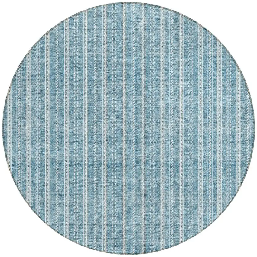 8' Teal Blue And Ivory Round Striped Washable Indoor Outdoor Area Rug Photo 4