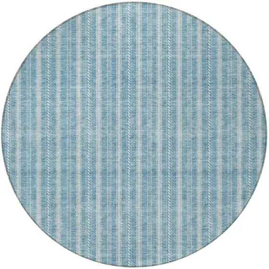 8' Teal Blue And Ivory Round Striped Washable Indoor Outdoor Area Rug Photo 5