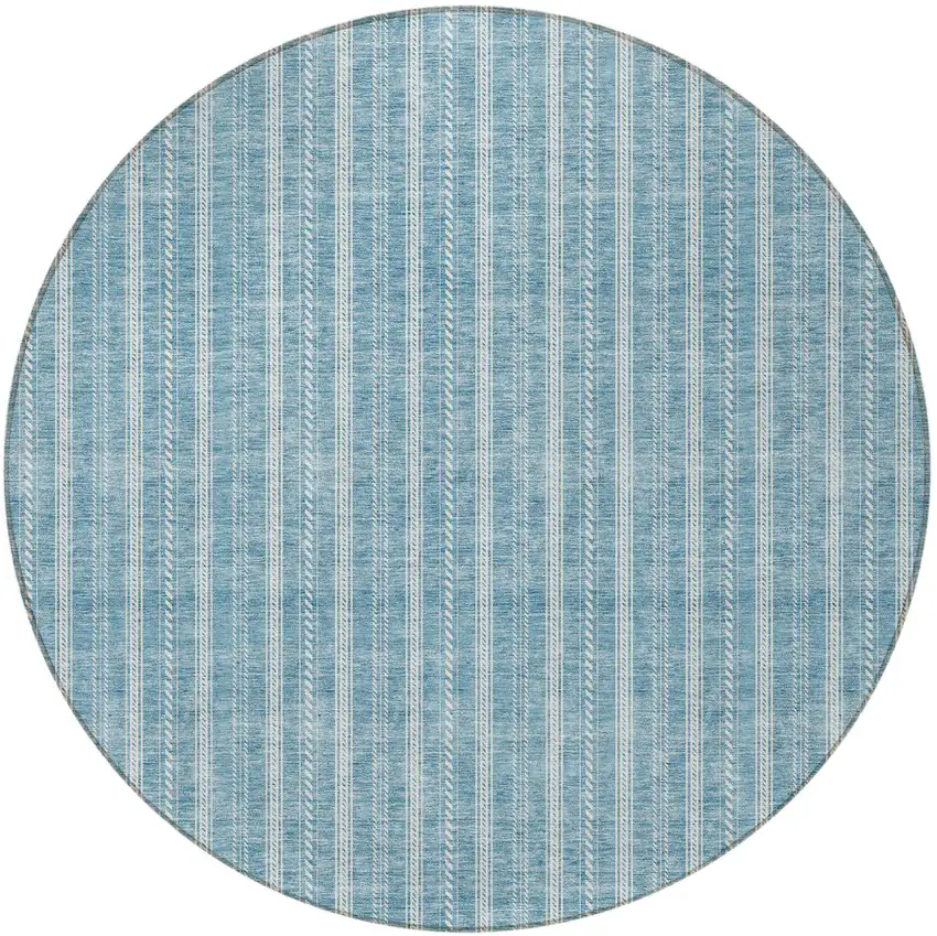 8' Teal Blue And Ivory Round Striped Washable Indoor Outdoor Area Rug Photo 5