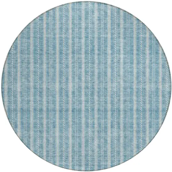 8' Teal Blue And Ivory Round Striped Washable Indoor Outdoor Area Rug Photo 2