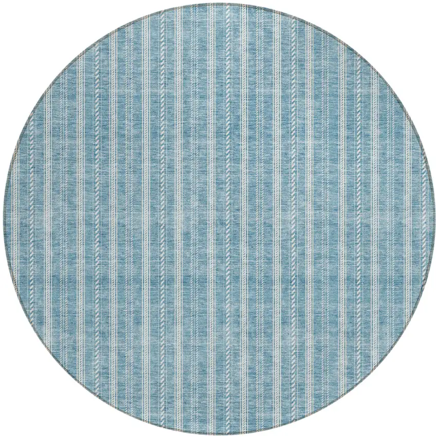 8' Teal Blue And Ivory Round Striped Washable Indoor Outdoor Area Rug Photo 2