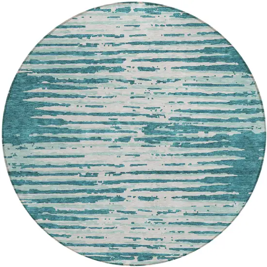 8' Teal Blue And Ivory Round Striped Washable Indoor Outdoor Area Rug Photo 2