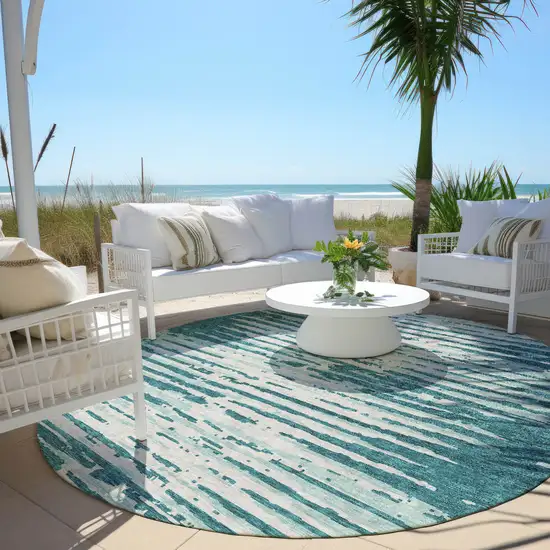 8' Teal Blue And Ivory Round Striped Washable Indoor Outdoor Area Rug Photo 6