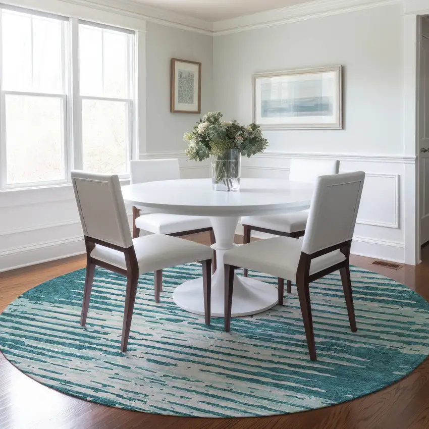 8' Teal Blue And Ivory Round Striped Washable Indoor Outdoor Area Rug Photo 7