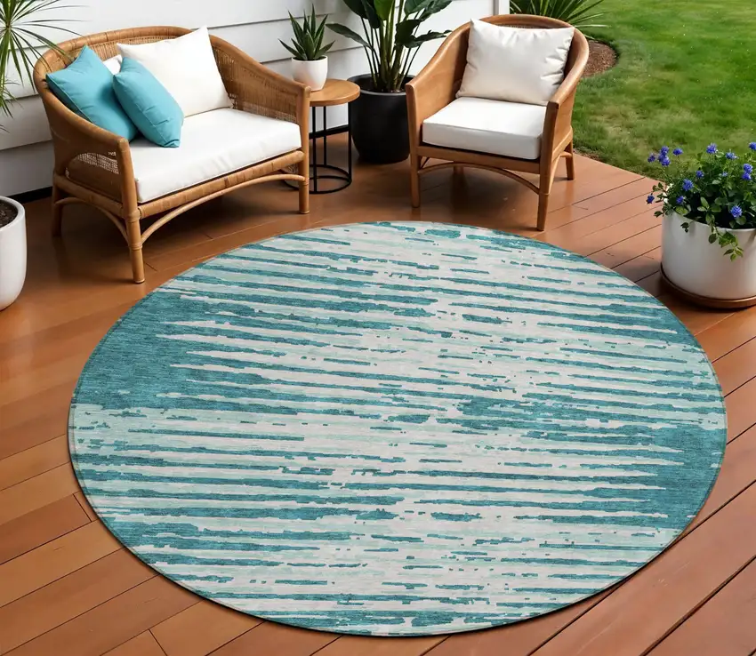 8' Teal Blue And Ivory Round Striped Washable Indoor Outdoor Area Rug Photo 1