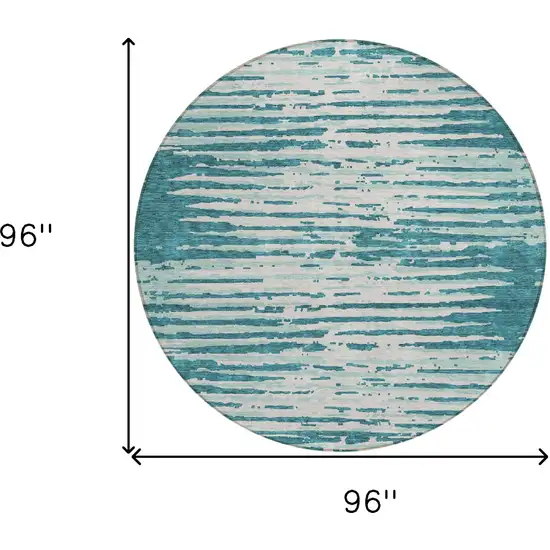 8' Teal Blue And Ivory Round Striped Washable Indoor Outdoor Area Rug Photo 3