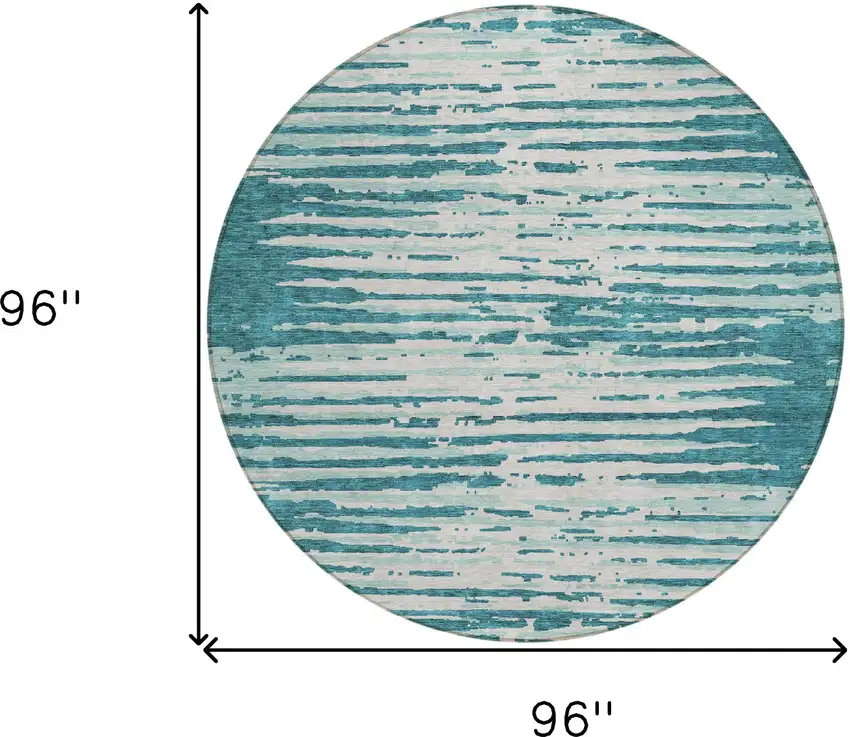 8' Teal Blue And Ivory Round Striped Washable Indoor Outdoor Area Rug Photo 3
