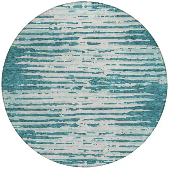 8' Teal Blue And Ivory Round Striped Washable Indoor Outdoor Area Rug Photo 5