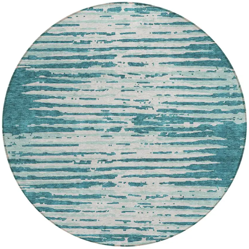 8' Teal Blue And Ivory Round Striped Washable Indoor Outdoor Area Rug Photo 5