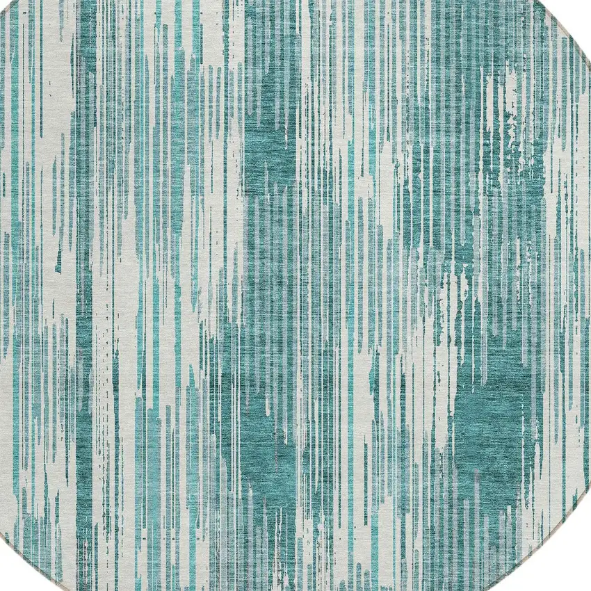 8' Teal Blue And Ivory Round Striped Washable Indoor Outdoor Area Rug Photo 4