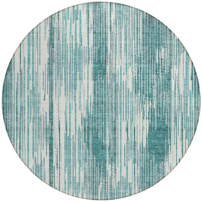 8' Teal Blue And Ivory Round Striped Washable Indoor Outdoor Area Rug Photo 5