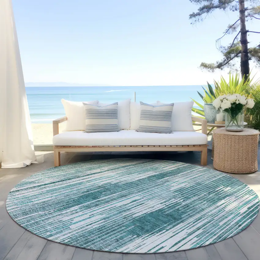 8' Teal Blue And Ivory Round Striped Washable Indoor Outdoor Area Rug Photo 6