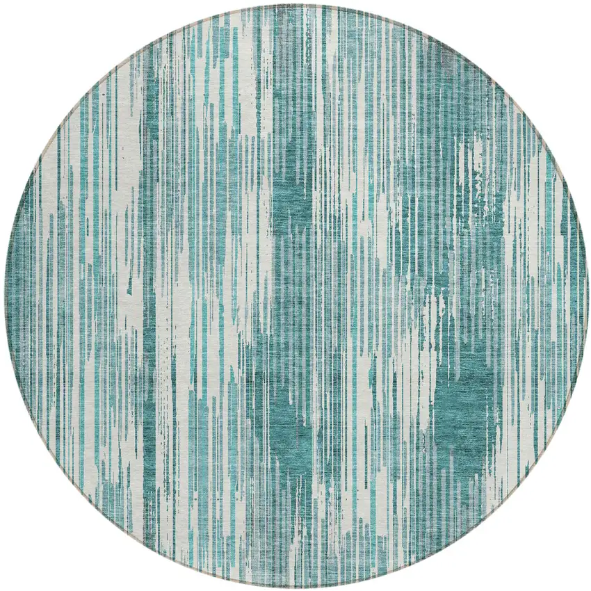 8' Teal Blue And Ivory Round Striped Washable Indoor Outdoor Area Rug Photo 2