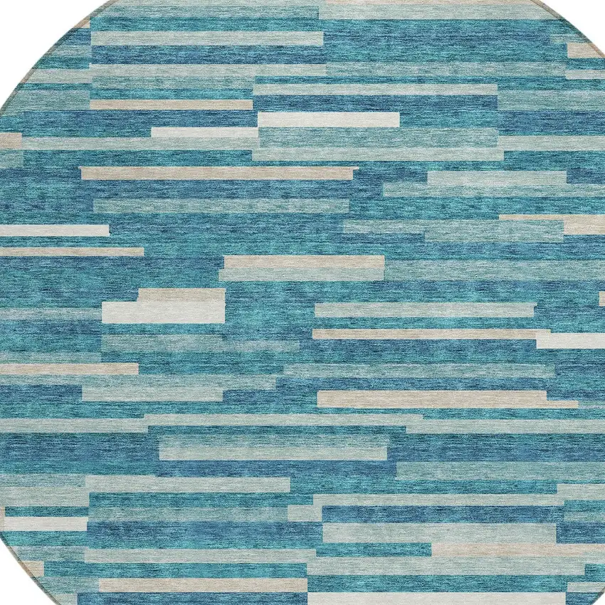 8' Teal Blue And Ivory Round Striped Washable Indoor Outdoor Area Rug Photo 4