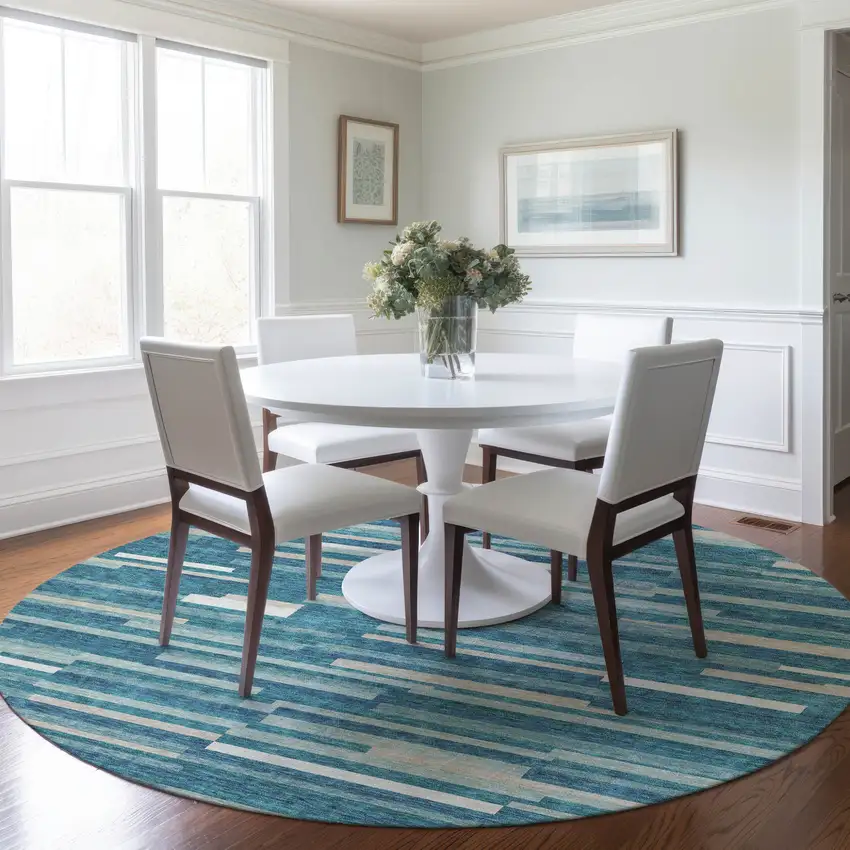 8' Teal Blue And Ivory Round Striped Washable Indoor Outdoor Area Rug Photo 7