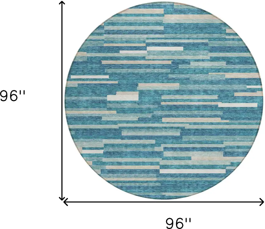 8' Teal Blue And Ivory Round Striped Washable Indoor Outdoor Area Rug Photo 3