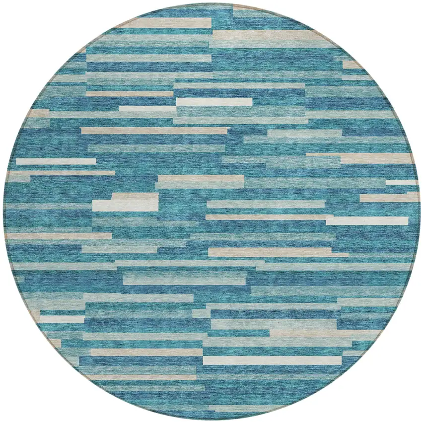 8' Teal Blue And Ivory Round Striped Washable Indoor Outdoor Area Rug Photo 2