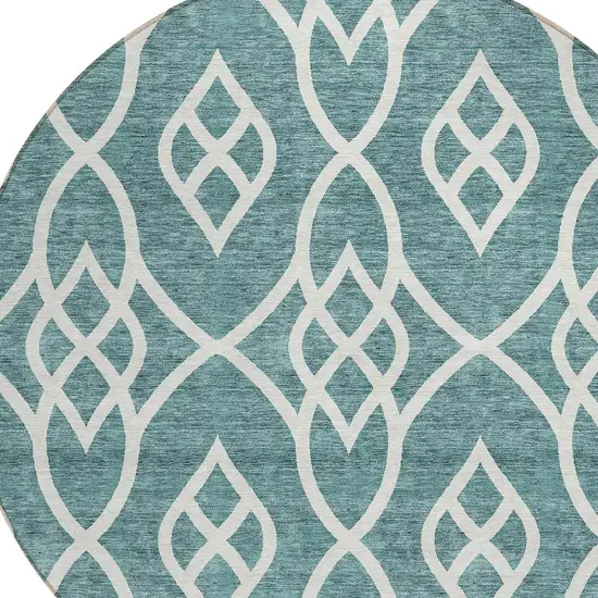 8' Teal Blue And Ivory Round Trellis Washable Indoor Outdoor Area Rug Photo 4