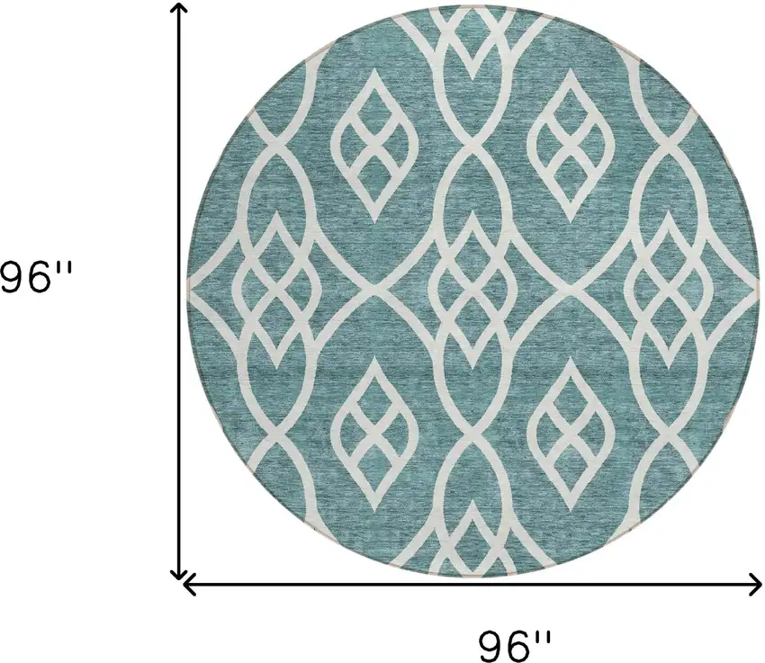 8' Teal Blue And Ivory Round Trellis Washable Indoor Outdoor Area Rug Photo 3