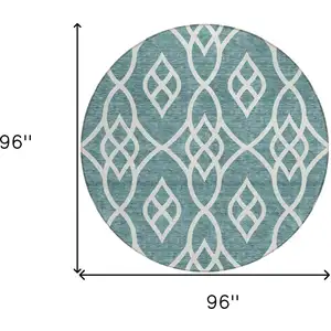 Photo of 8' Teal Blue And Ivory Round Trellis Washable Indoor Outdoor Area Rug