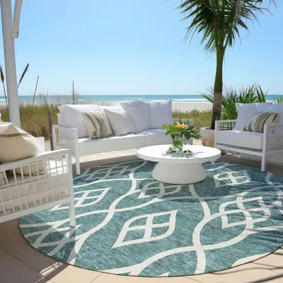 8' Teal Blue And Ivory Round Trellis Washable Indoor Outdoor Area Rug Photo 6