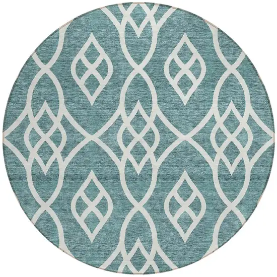 8' Teal Blue And Ivory Round Trellis Washable Indoor Outdoor Area Rug Photo 5
