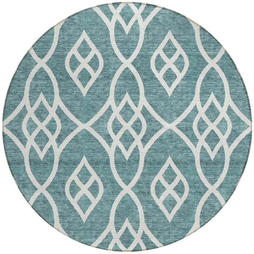 8' Teal Blue And Ivory Round Trellis Washable Indoor Outdoor Area Rug Photo 5