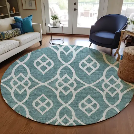8' Teal Blue And Ivory Round Trellis Washable Indoor Outdoor Area Rug Photo 7