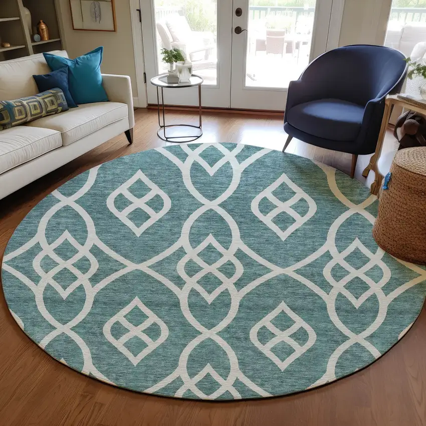 8' Teal Blue And Ivory Round Trellis Washable Indoor Outdoor Area Rug Photo 7