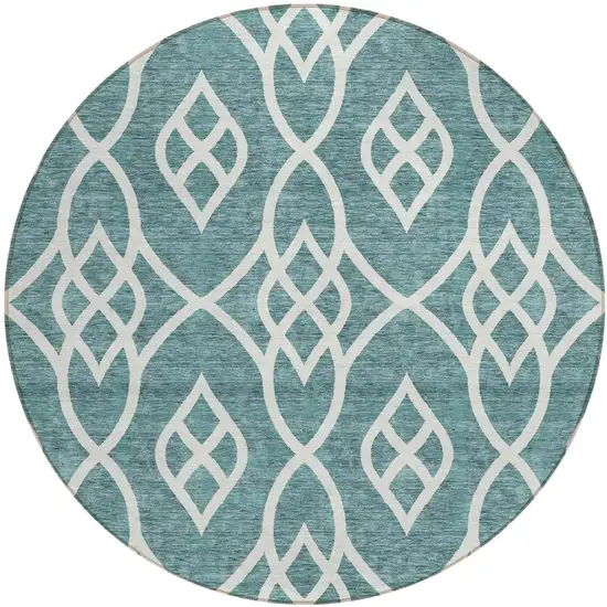 8' Teal Blue And Ivory Round Trellis Washable Indoor Outdoor Area Rug Photo 2