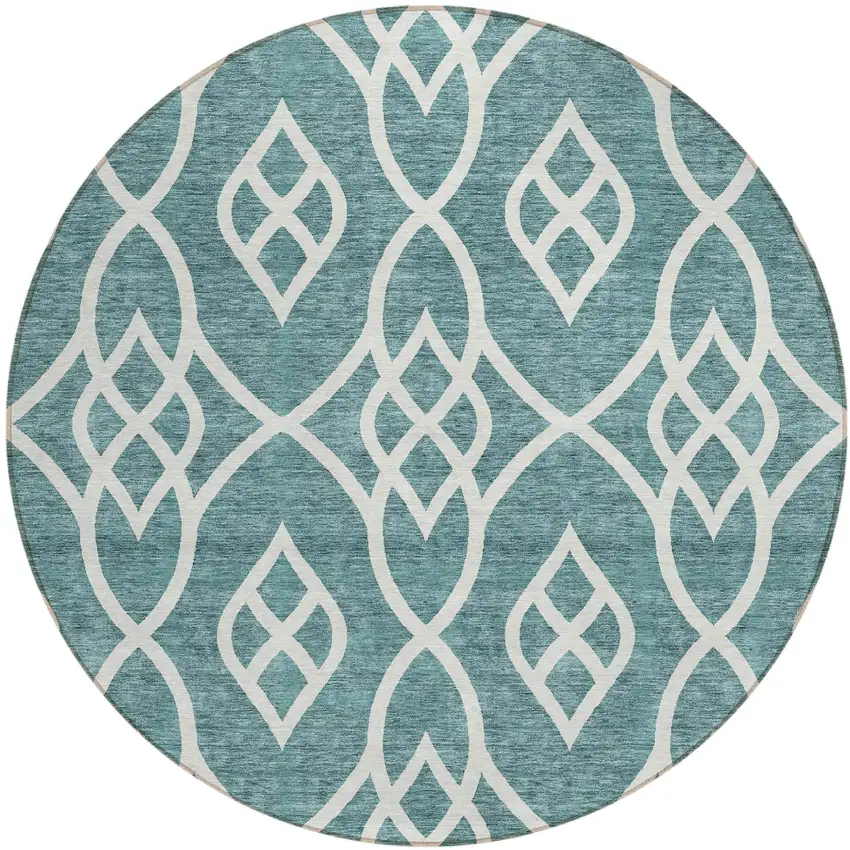 8' Teal Blue And Ivory Round Trellis Washable Indoor Outdoor Area Rug Photo 2
