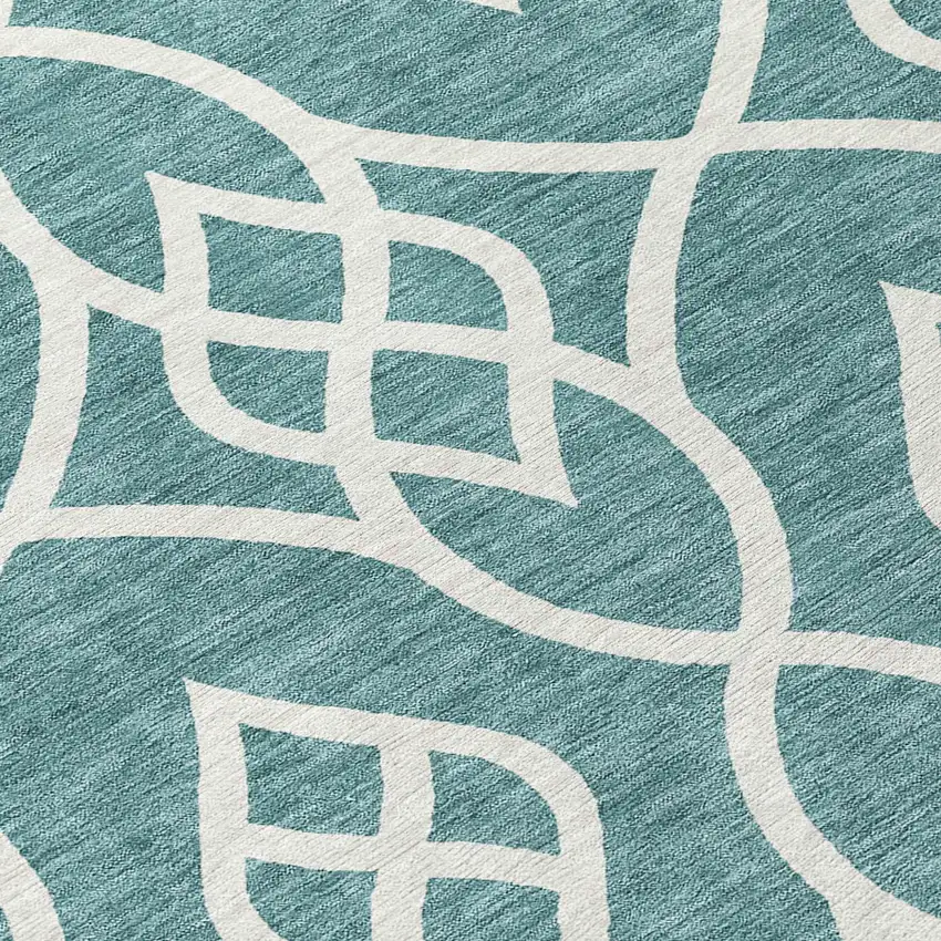 8' Teal Blue And Ivory Round Trellis Washable Indoor Outdoor Area Rug Photo 8