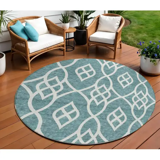 8' Teal Blue And Ivory Round Trellis Washable Indoor Outdoor Area Rug Photo 1