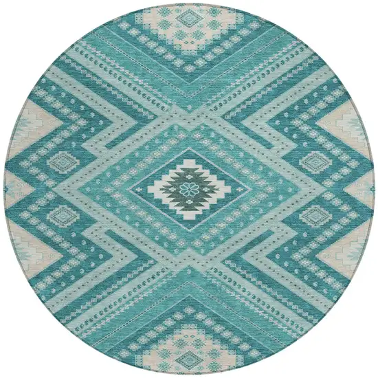 8' Teal Blue And Ivory Round Tribal Washable Indoor Outdoor Area Rug Photo 6