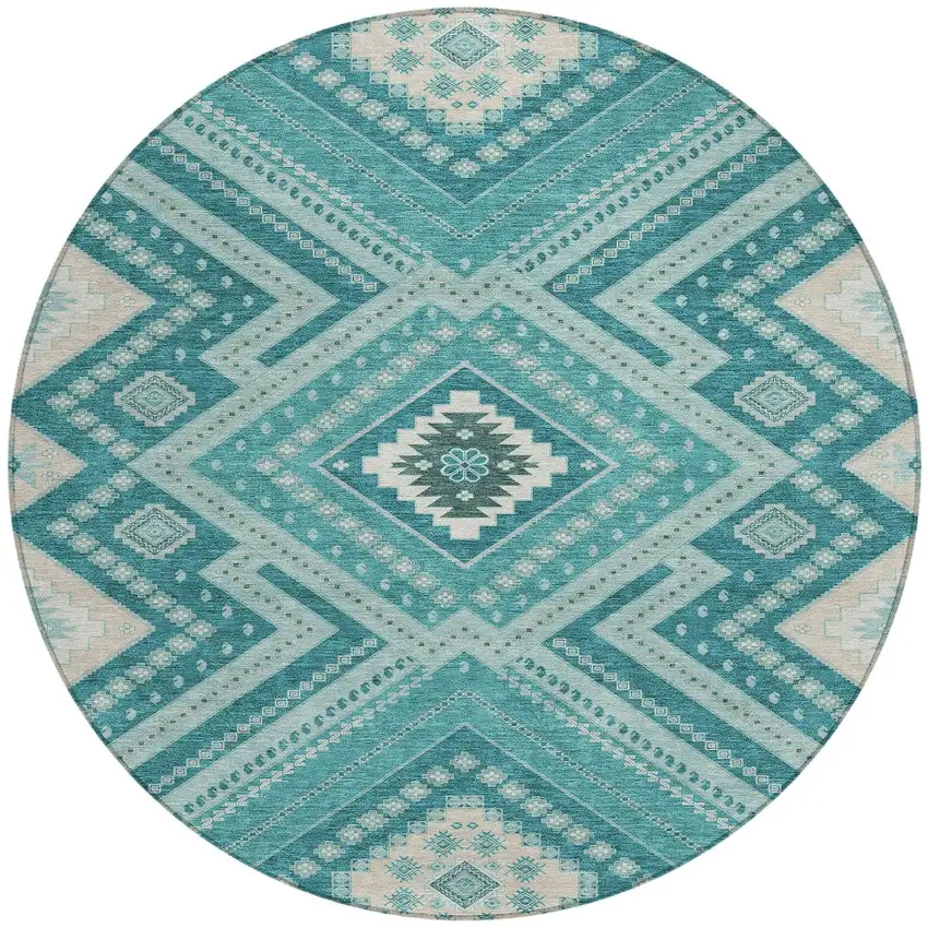 8' Teal Blue And Ivory Round Tribal Washable Indoor Outdoor Area Rug Photo 6