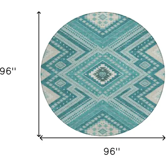 8' Teal Blue And Ivory Round Tribal Washable Indoor Outdoor Area Rug Photo 3