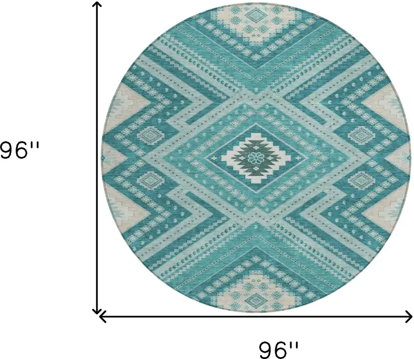 8' Teal Blue And Ivory Round Tribal Washable Indoor Outdoor Area Rug Photo 3