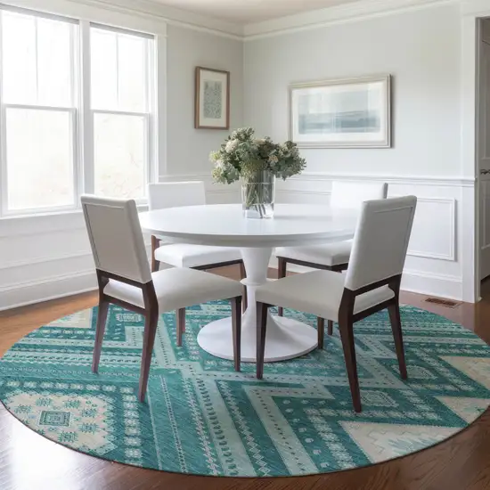 8' Teal Blue And Ivory Round Tribal Washable Indoor Outdoor Area Rug Photo 8